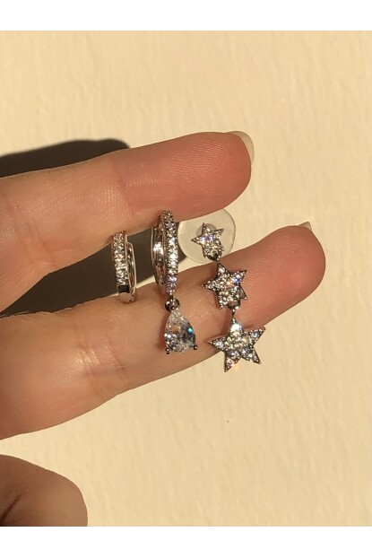 NATURE Zirkon Taşlı Yıldız Star 3 Lü Gümüş Renk Halka Küpe