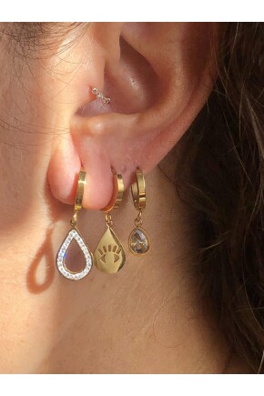 NATURE Çelik  Zirkon Taşlı 3 Lü Kombin Gold  Damla Halka Küpe 