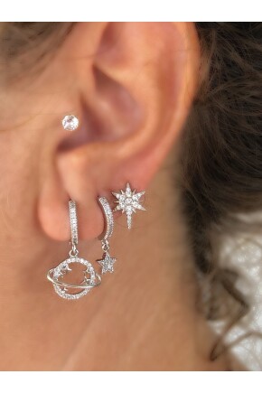 NATURE Çelik Zirkon Taşlı 3lü Gezegen Gümüş Renk Kombin Halka Küpe