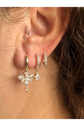 NATURE Çelik  Zirkon Taşlı Sallantılı 3 Lü Kombin Gold Yusufcuk  Halka Küpe 