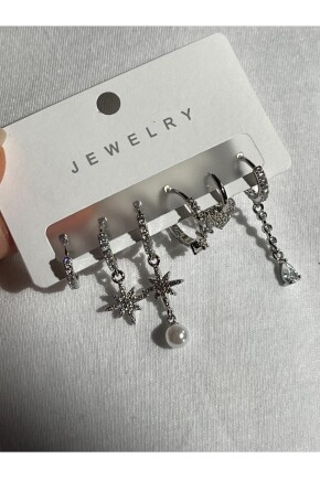 NATURE Çelik Zirkon Taşlı Şık İncili Küpe Seti