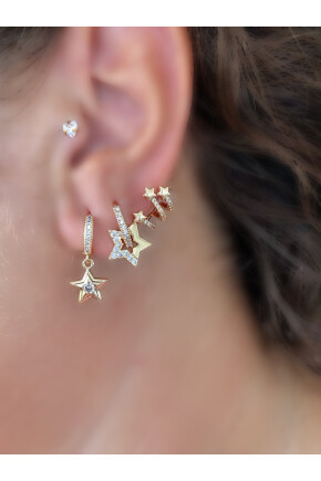 NATURE Çelik Zirkon Taşlı Yıldız  3lü Gold Renk Kombin Halka Küpe