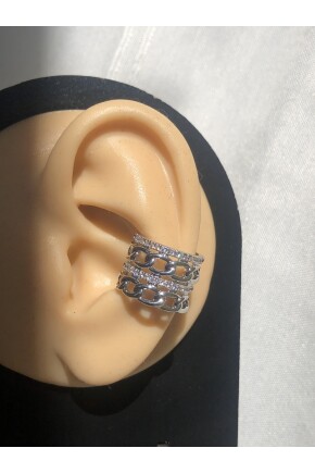 NATURE Çelik  Zirkon Taşlı Zincirli Sıkıştırma Earcuff Gümüş Renk Küpe