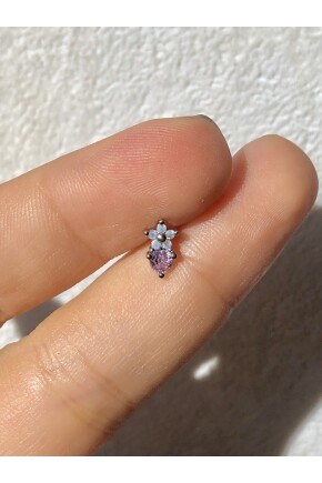NATURE Cerrahi Çelik Pembe  Zirkon Taşlı Çiçekli Gümüş Renk 1cm Piercing