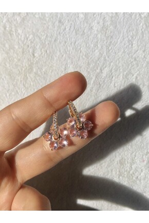 NATURE Cerrahi Çelik Zirkon Taşlı Pembe Çiçek Gold Renk Halka Küpe