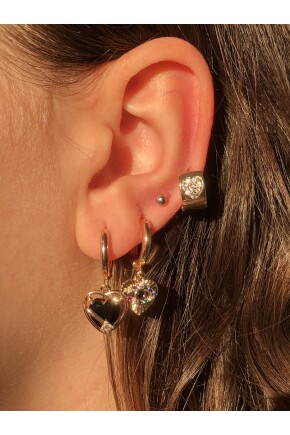 NATURE Siyah Taşlı Gold  Renk 3 Lü Kalp Küpe