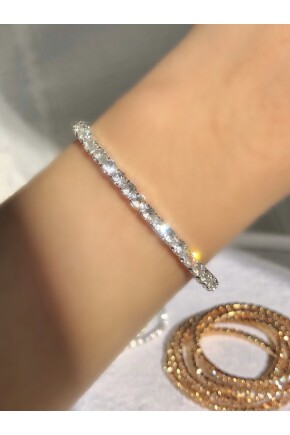 NATURE Tam Tur Zirkon Beyaz Taşlı Kalın Esnek Gümüş Renk Su Yolu Bileklik
