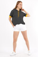 Kadın Kapüşonlu Çizgili Yarasa Kol Oversize T-Shirt