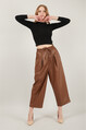 2D2B Kadın Beli Lastikli Ve Bağcıklı Cepli Bol Paça Suni Deri Pantolon